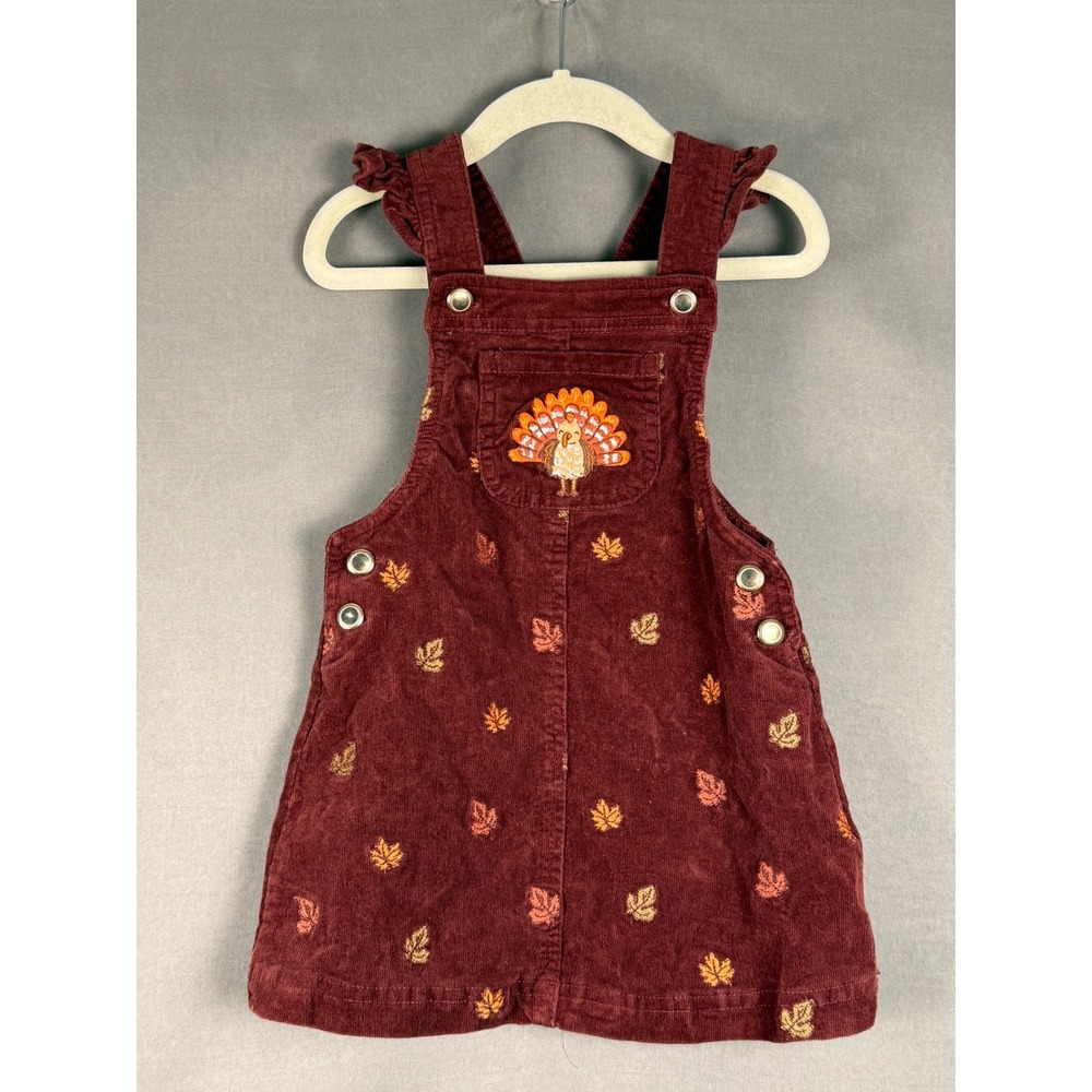 Cynthia Rowley Overall Dress Kids 3T Burgundy Corduroy Turkey Leaf Thanksgiving